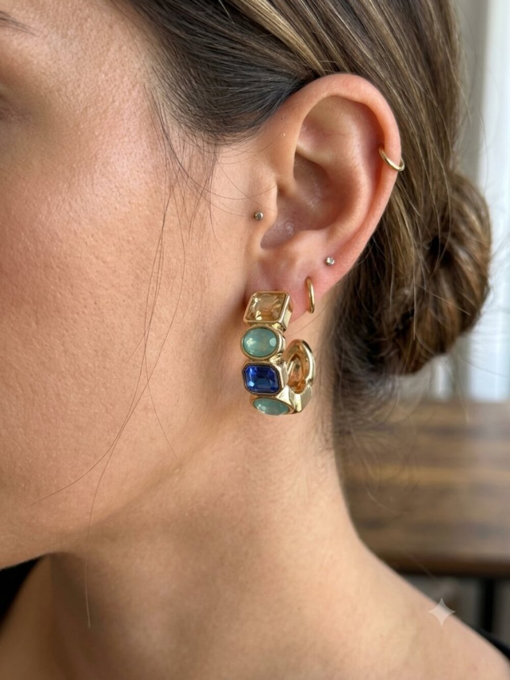 Stunning Multi-Color Crystal Gold-Tone Hoop Earrings Statement Chic NEW